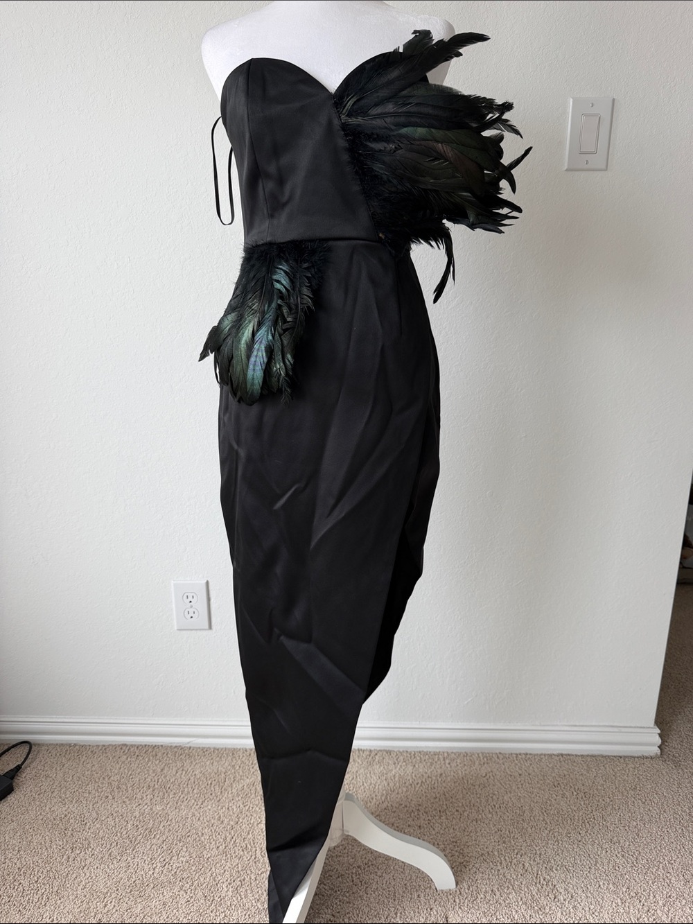 Fashion Nova Black Asymmetrical Feathered Strapless Dress